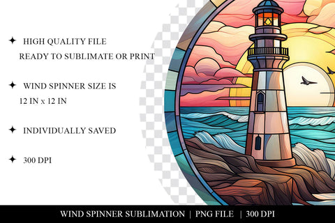 Stained Glass Lighthouse Wind Spinner Sublimation Design PNG Sublimation BijouBay 