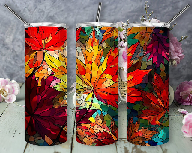 Stained Glass Maple Leaf 20oz Skinny Tumbler Png, Canadian Maple Leaf Tumbler, Canadian Flag Stained Glass, Maple Leaf Flag, Nature Autumn Tumbler Sublimation DesignSVG 
