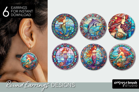Stained Glass Mermaid Round Earrings Bundle for Sublimation Sublimation OrangeBrushStudio 