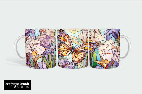 Stained Glass Mug Wrap Sublimation Flowers And Butterfly Sublimation OrangeBrushStudio 