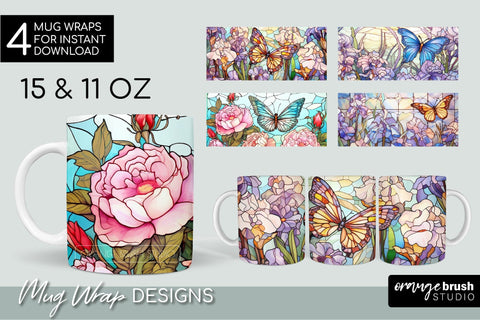 Stained Glass Mug Wrap Sublimation Flowers And Butterfly Sublimation OrangeBrushStudio 