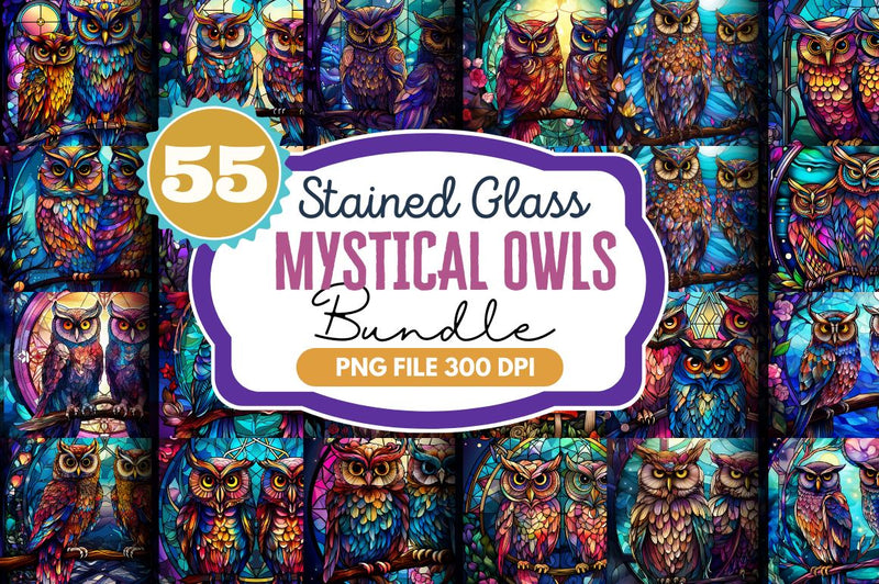 Stained Glass Mystical Owls Cool Clipart Bundle Sublimation Regulrcrative 