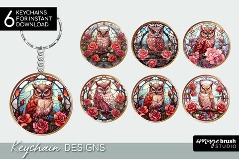 Stained Glass Owl Halloween Keychain Sublimation Bundle Sublimation OrangeBrushStudio 