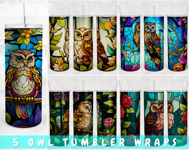 Stained Glass Owl Tumbler Wraps Bundle, 20 Oz Skinny Tumbler Owl Sublimation Designs, Owl Tumbler PNG, 5 Designs Sublimation HappyDesignStudio 