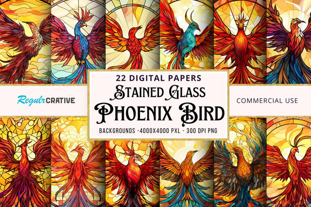 Stained Glass Phoenix Bird Digital Paper Sublimation Regulrcrative 