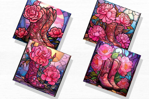 Stained Glass Pink Peonies Cowgirl Boots Backgrounds Bundle Sublimation Regulrcrative 
