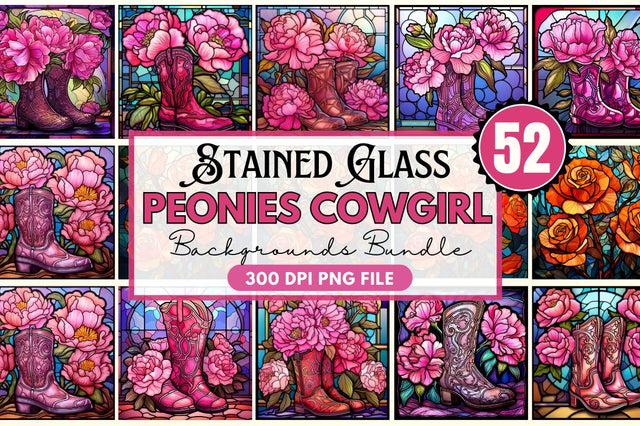 Stained Glass Pink Peonies Cowgirl Boots Backgrounds Bundle Sublimation Regulrcrative 