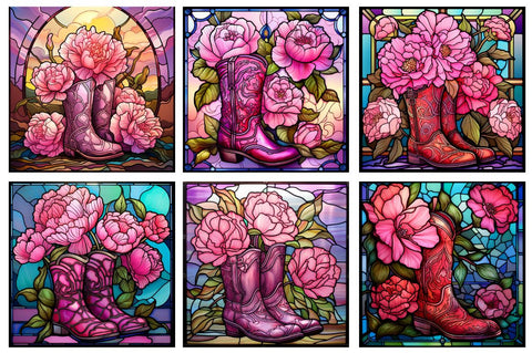Stained Glass Pink Peonies Cowgirl Boots Backgrounds Bundle Sublimation Regulrcrative 