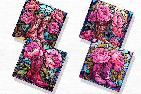 Stained Glass Pink Peonies Cowgirl Boots Backgrounds Bundle Sublimation Regulrcrative 