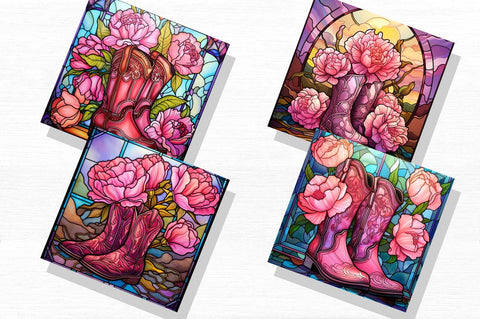 Stained Glass Pink Peonies Cowgirl Boots Backgrounds Bundle Sublimation Regulrcrative 