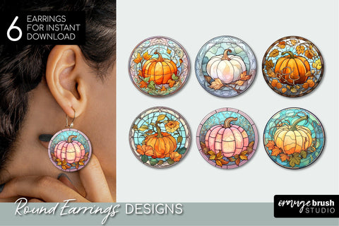 Stained Glass Pumpkin Round Earrings Sublimation Bundle Sublimation OrangeBrushStudio 