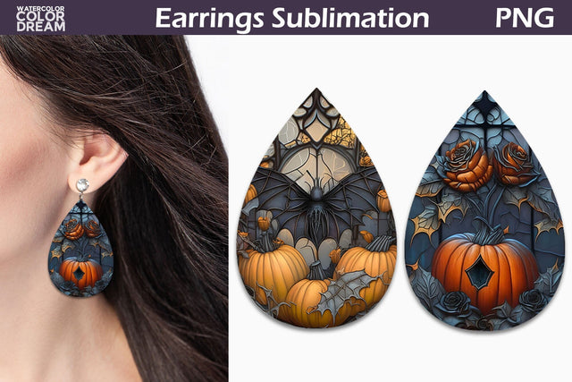 Stained Glass Pumpkin Teardrop Earrings Sublimation WatercolorColorDream 