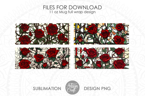 Stained glass roses 11oz mug sublimation wraps Sublimation Artisan Craft SVG 