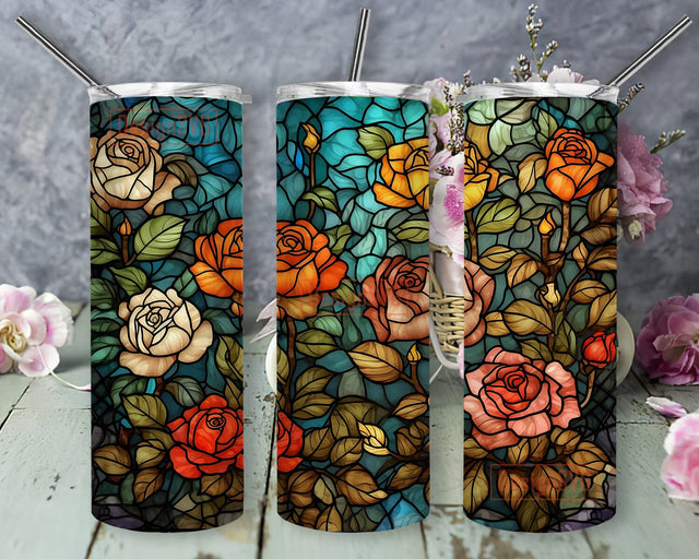 Stained Glass Roses Background 20oz Skinny Tumbler Png, Roses Tumbler Sublimation, Transparent Background, Floral Tumbler Wrap, Watercolor Flower Sublimation DesignSVG 