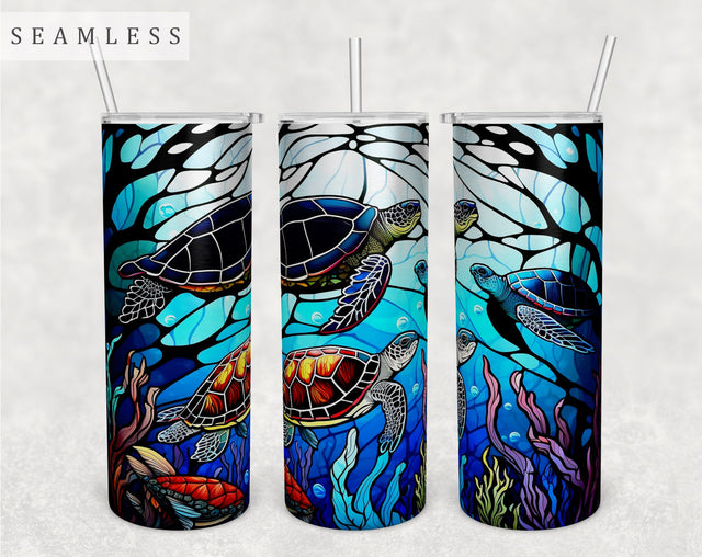 Stained Glass Sea Turtles Tumbler Wrap, Turtle Tumbler Sublimation Design, Sea Turtles 20 oz Skinny Tumbler PNG Sublimation HappyDesignStudio 