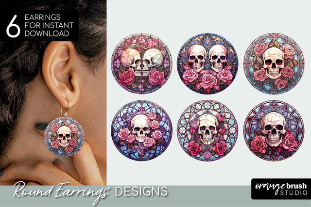 Stained Glass Skull Earrings Bundle Sublimation Designs Sublimation OrangeBrushStudio 