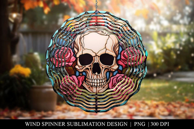 Stained Glass Skull & Roses Wind Spinner Sublimation PNG Sublimation BijouBay 
