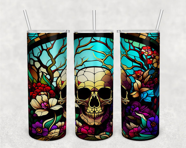 Stained Glass Skull With Flowers Tumbler Wrap, Skull Tumbler Sublimation Design, 20 oz Skinny Tumbler PNG Sublimation HappyDesignStudio 