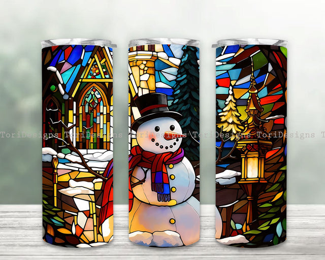 Stained Glass Snowman Sublimation Design, Snowman 20oz Skinny Tumbler Digital Download, Snowman Christmas Tumbler Sublimation ToriDesigns 