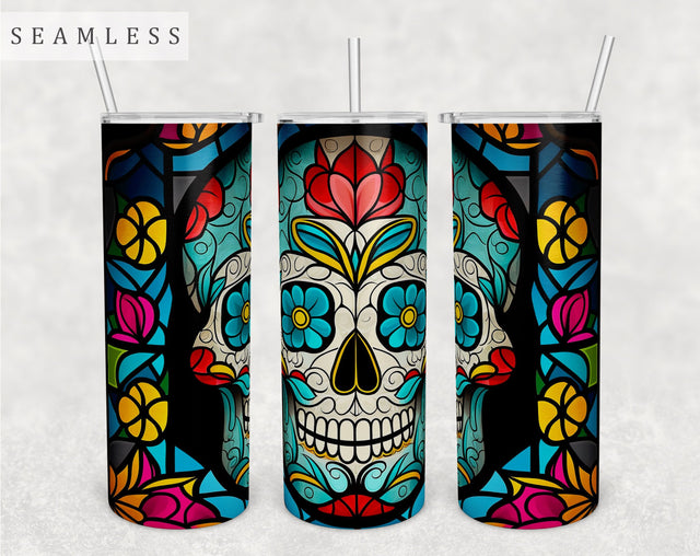 Stained Glass Sugar Skull Tumbler Wrap, 20 Oz Skinny Tumbler Sublimation Design, Seamless Sugar Skull Tumbler PNG Sublimation HappyDesignStudio 