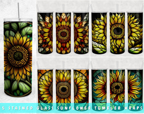 Stained Glass Sunflowers Tumbler Wraps Bundle, 20 Oz Skinny Tumbler Sunflower Sublimation Designs, Sunflower Tumbler PNG, 5 Designs Sublimation HappyDesignStudio 