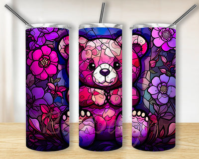 Stained Glass Teddy Bear 20oz Skinny Tumbler Png, Cute Floral Tumbler, Teddy Bear, Teddy Bear Tumbler, Cute Cartoon Stained Glass Bear, Colorful Floral Png Sublimation BouDesign 