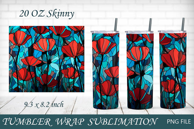 Stained glass tumbler wrap with poppy flowers, Floral png background Sublimation AnastasiyaArtDesign 