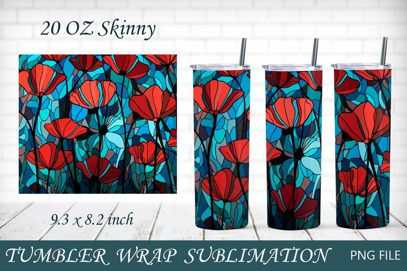 Stained glass tumbler wrap with poppy flowers, Floral png background Sublimation AnastasiyaArtDesign 