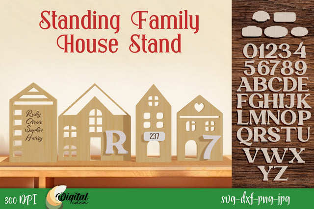 Standing Family House Stands. 3D House Silhouette Laser Cut SVG Evgenyia Guschina 