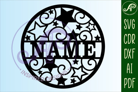 Stars and swirls name sign svg laser cut template SVG APInspireddesigns 