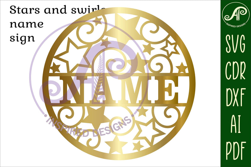 Stars and swirls name sign svg laser cut template - So Fontsy
