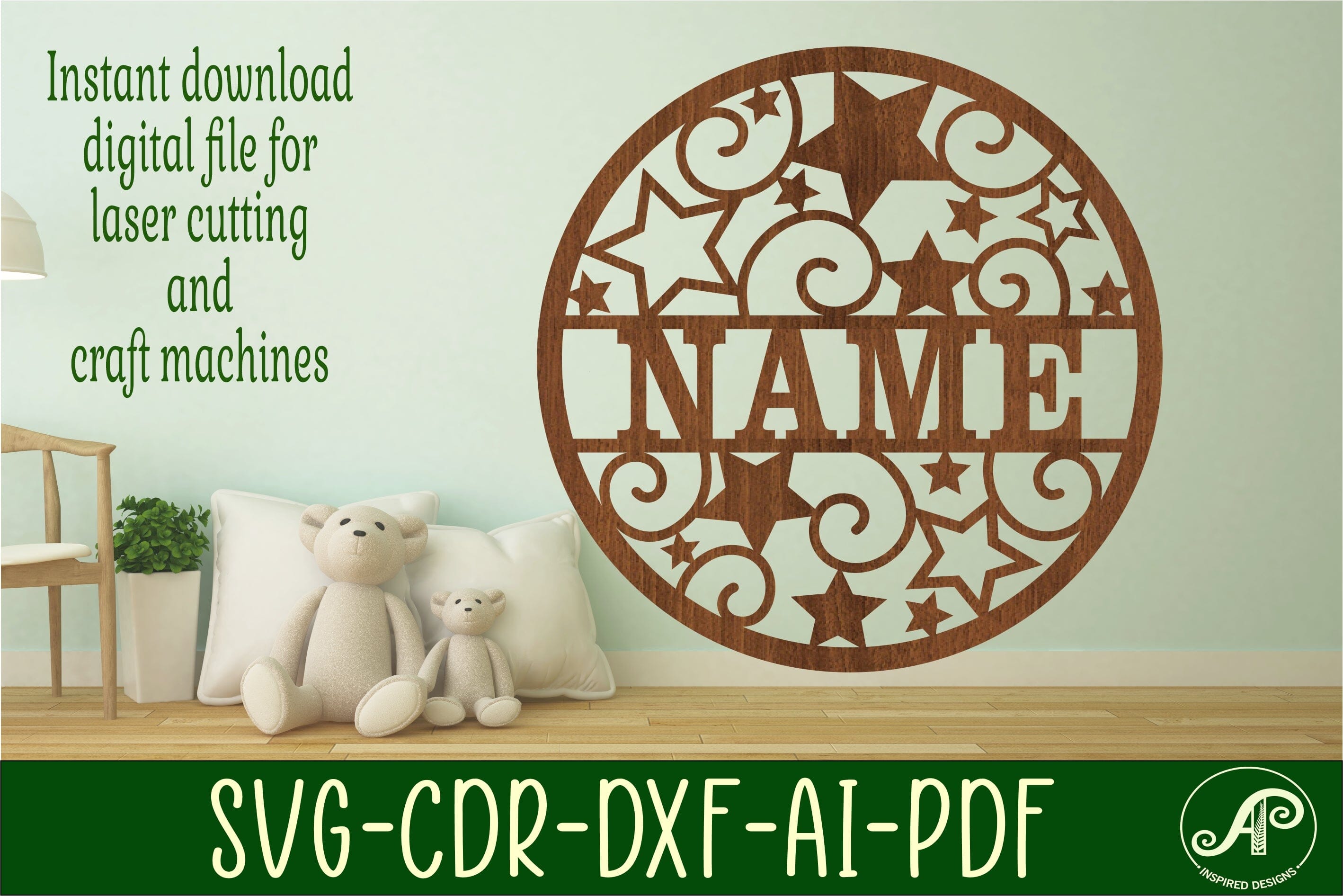 Stars and swirls name sign svg laser cut template - So Fontsy