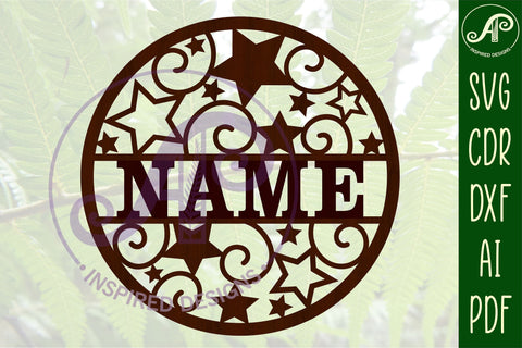 Stars and swirls name sign svg laser cut template SVG APInspireddesigns 