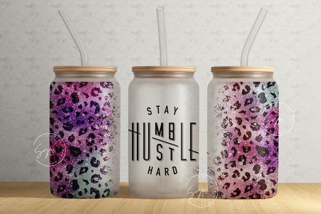 Stay Humble Hustle Hard, Successful Woman Quote, Leopard Glitter Print, 16 oz Libbey Glass Can Tumbler, Seamless Sublimation PNG, Digital Sublimation Syre Digital Creations 