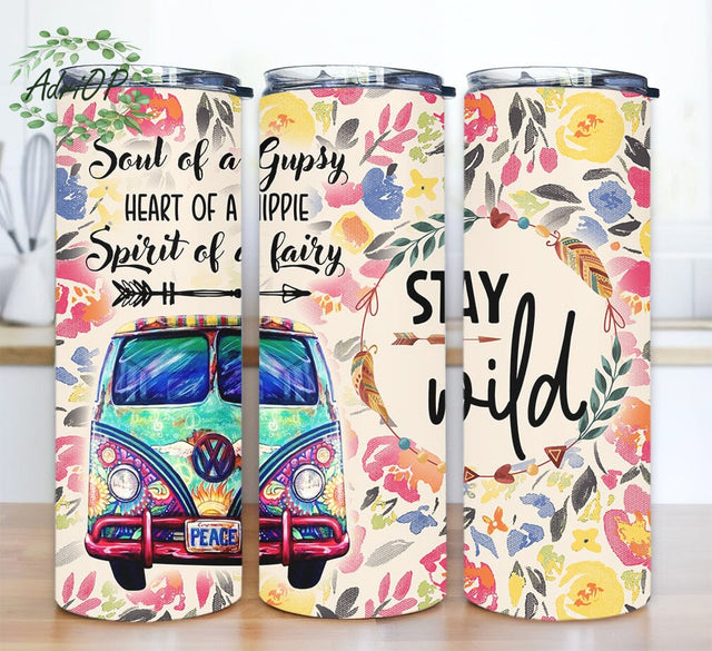 Stay Wild Hippie Van 20oz Skinny Tumbler Png, Hippie Van Tumbler Png, Hippie Van With Flower, Camping Lovers Gifts, Hippie Soul Tumbler Sublimation AdriOP 