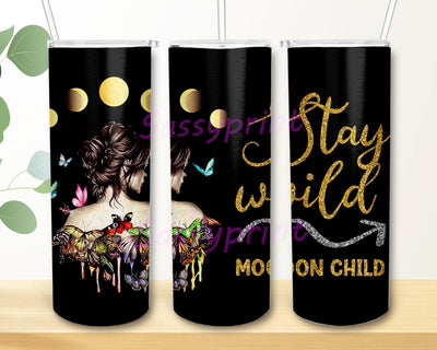 Stay Wind Moon Child Butterfly And Mon Girl Hippie Boho 20 oz Skinny Tumbler Design Sublimation, Instant Download Sublimation sassyprint 