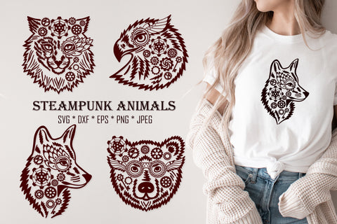 Steampunk Animals SVG Bundle: Cat, Hawk, Wolf, Bear. SVG Tafti Art 