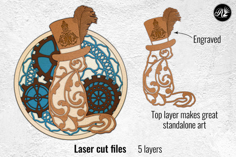 Steampunk Cat in a Top Hat layered art laser cut files SVG Angel on Empire 