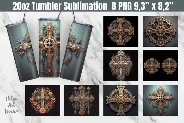 Steampunk Cross 20 OZ Skinny Tumbler Sublimation Sublimation Helga Art 