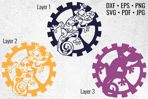 Steampunk Gecko on a Gear laser cut files SVG Angel on Empire 