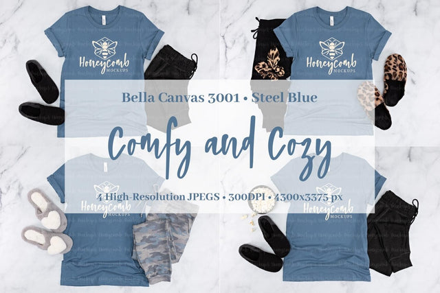 Steel Blue Bella Canvas 3001 Mockup Bundle, Women's T-Shirt Mockup, Comfy and Cozy Mockup Mock Up Photo Honeycomb Mockups 