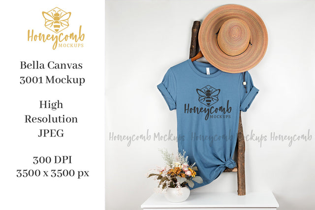 Steel Blue Bella Canvas 3001 Mockup, Hanging Ladder Mockup, Women's T-Shirt Mockup Mock Up Photo Honeycomb Mockups 