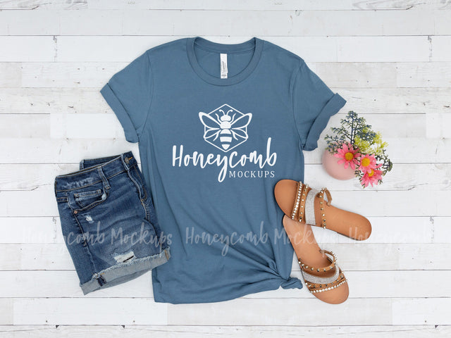 Steel Blue Bella Canvas 3001 Mockup, Women's Tshirt Mockup Mock Up Photo Honeycomb Mockups 