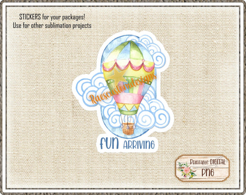 Stickers Hot Air Balloon Fun Arriving Packaging Labels Business Stickers Sublimation Designs by Rae 
