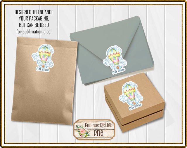 Stickers Hot Air Balloon Fun Arriving Packaging Labels Business Stickers Sublimation Designs by Rae 