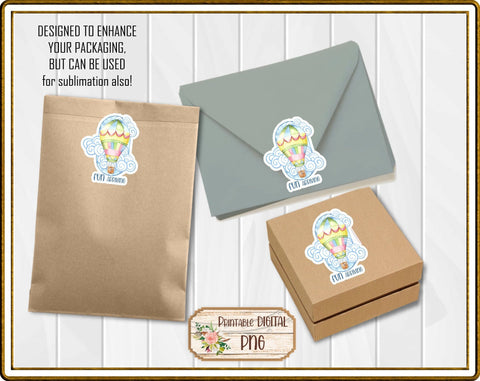 Stickers Hot Air Balloon Fun Arriving Packaging Labels Business Stickers Sublimation Designs by Rae 