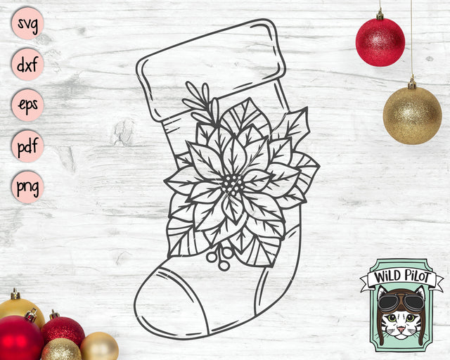 Stocking SVG File, Christmas SVG, Stocking Flowers SVG, Stocking Poinsettia SVG, Christmas Cut File, Poinsettia Cut File, Floral Cut File, Winter SVG SVG Wild Pilot 