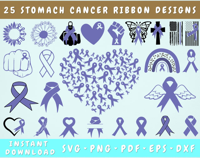 Stomach Cancer Ribbon SVG Bundle, 25 Designs, Stomach Cancer Clipart, Stomach Cancer PNG Files For Sublimation, Periwinkle Cancer Ribbon SVG SVG HappyDesignStudio 