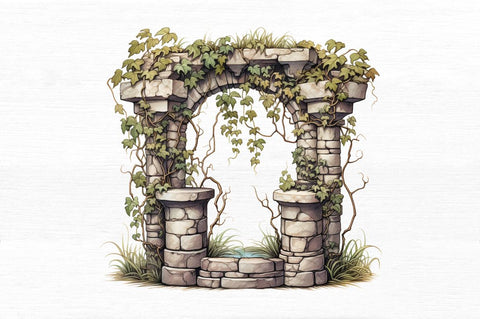 Stone Wells and Vines Clipart Sublimation Regulrcrative 