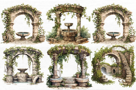 Stone Wells and Vines Clipart Sublimation Regulrcrative 